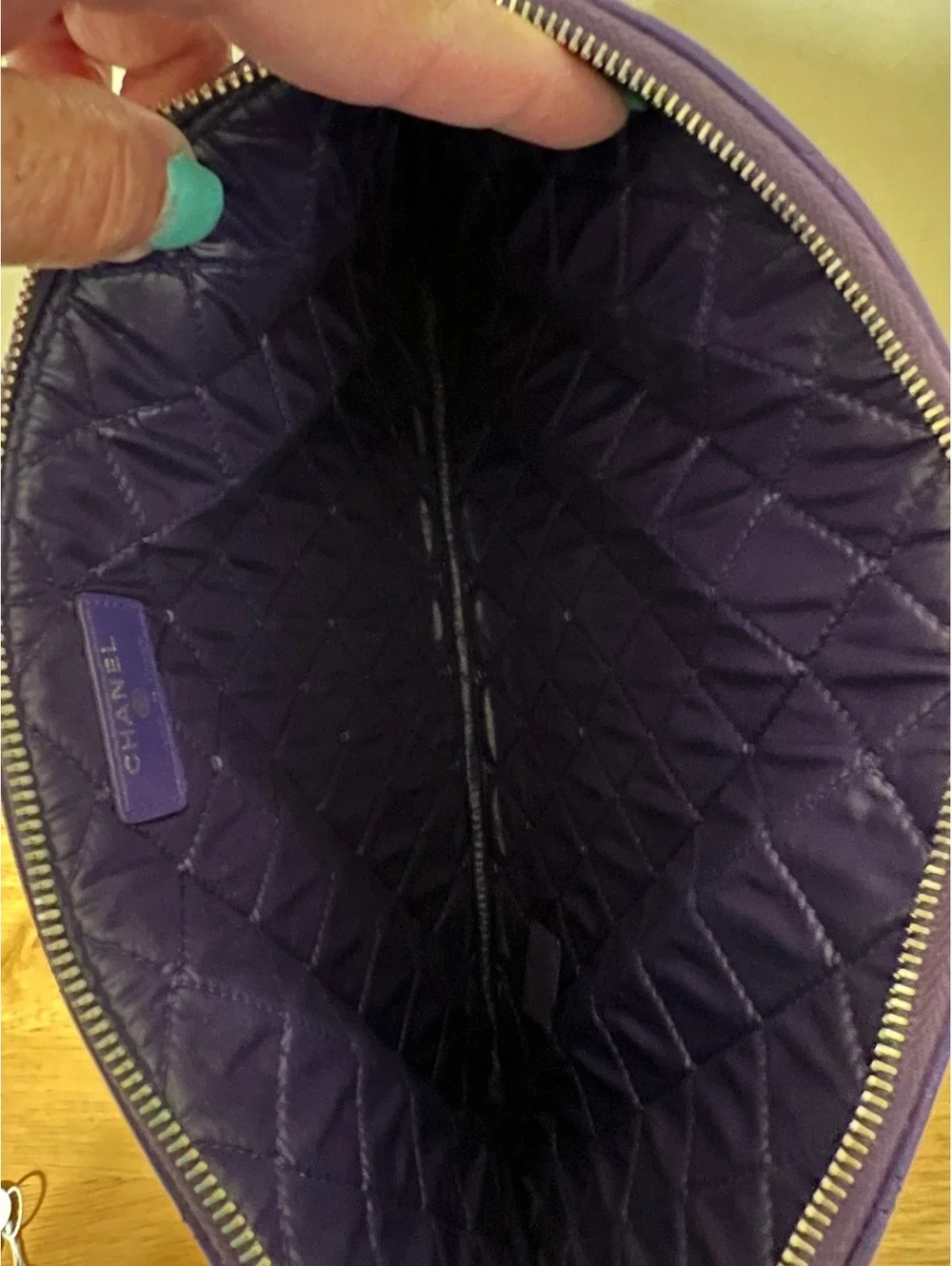 Chanel Quilted Purple Leather Clutch Bag with Silver CC Logo